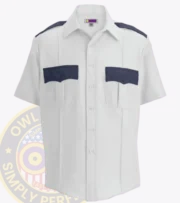 Performance Security Uniform Shirt Short Sleeves Owl13-25 White Navy Blue with Owl Badges Logo Two Tone Colors, security badges, security badges